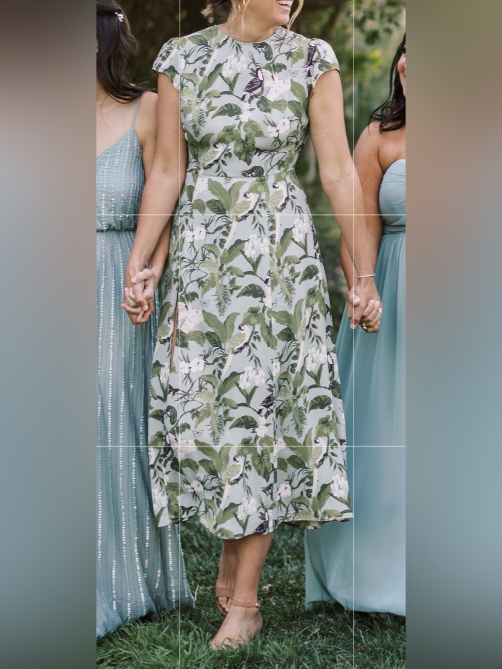 Reformation Gavin Green Tropical Botanical Midi Dress with White Floral Accents